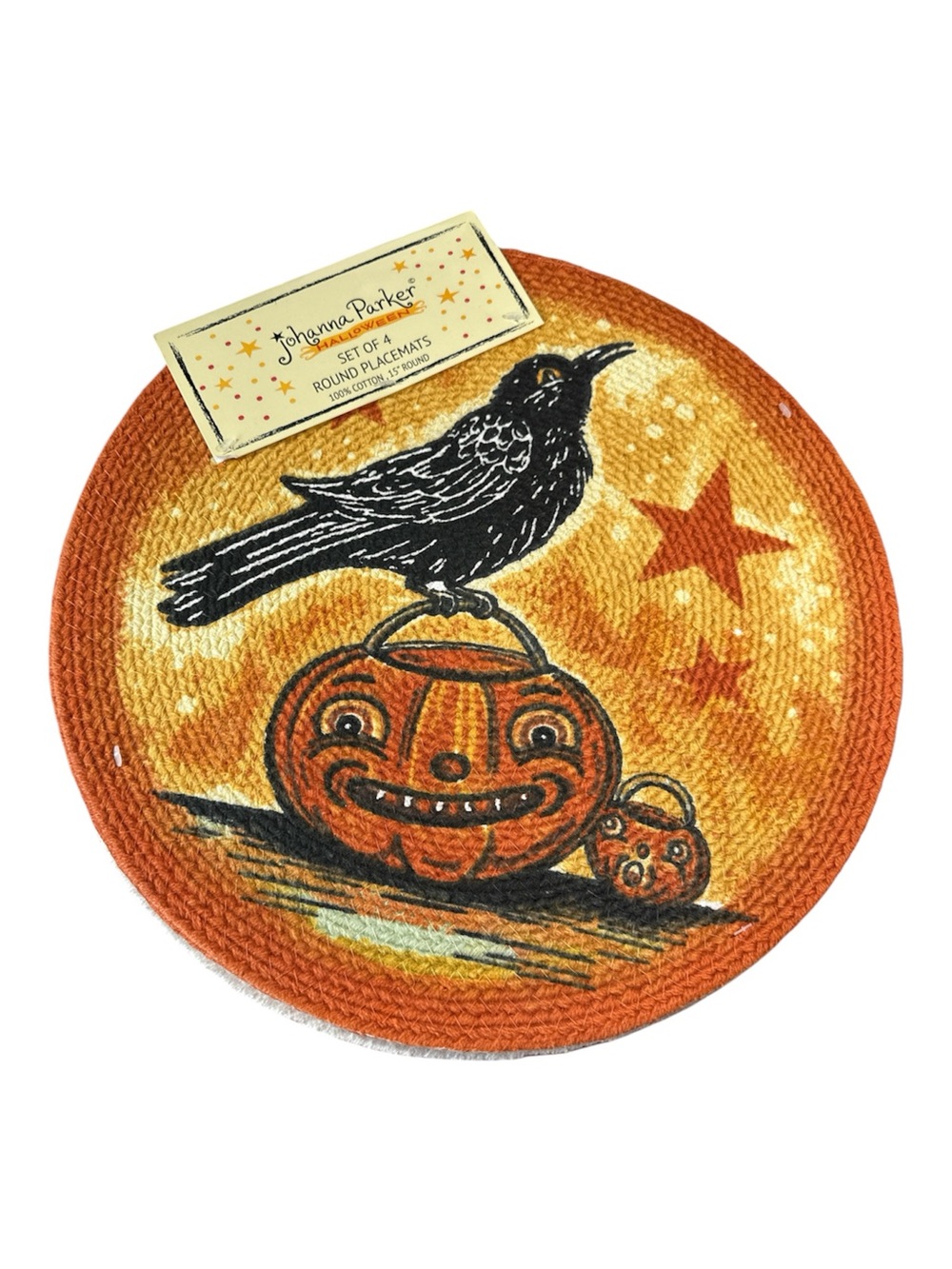 NEW Johanna Parker PUMPKIN & CROW HALLOWEEN Round Placemat Set/4